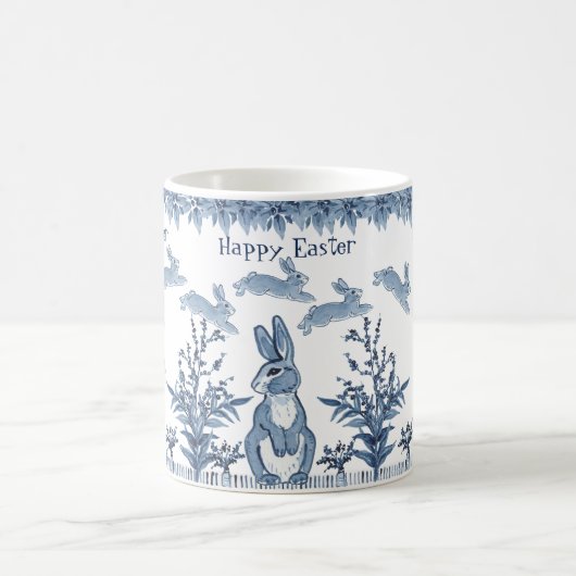 Happy Easter Bunny Blue White Rabbit Pattern Delft Koffiemok (Center)