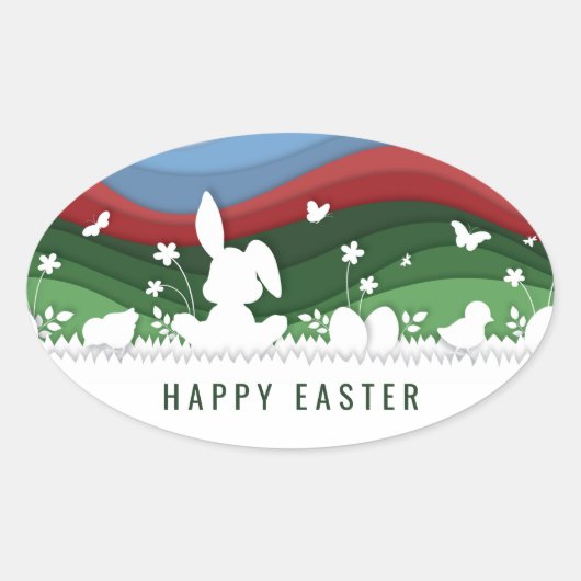 Happy easter bunny chicards and egg in natuur ovale sticker (Voorkant)