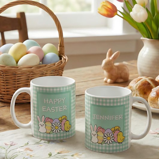 Happy Easter Bunny Chick Eggs Green Gingham Koffiemok
