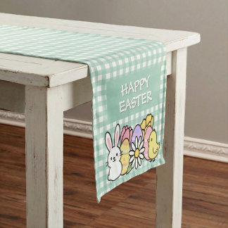Happy Easter Bunny Chick Eggs Green Gingham Korte Tafelloper