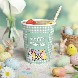 Happy Easter Bunny Chick Eggs Green Gingham Papieren Bekers