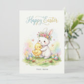 Happy Easter Bunny & Chick Hug Feestdagenkaart (Staand voorkant)