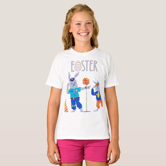 "Happy Easter" Bunny Crossing Stop Sign Fun T-shirt (Voorkant volledig)