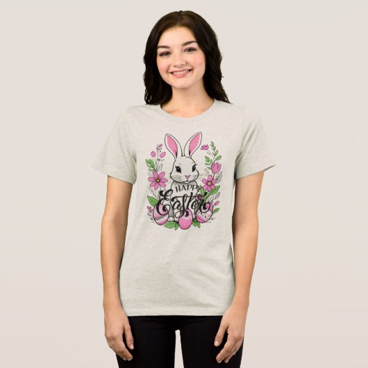 Happy Easter Bunny (donkerroze) Tri-Blend Shirt (Voorkant volledig)