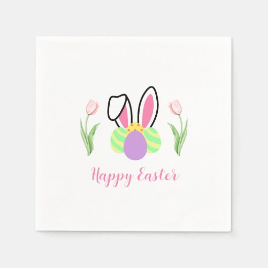 Happy Easter Bunny Ears Eggs and Pink Tulips Servet (Voorkant)