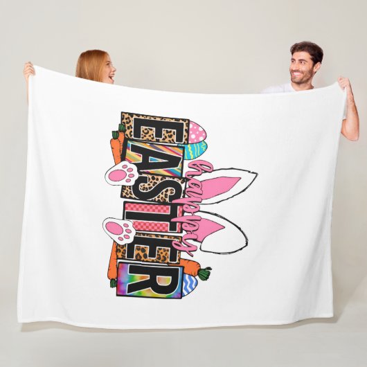 Happy Easter Bunny Ears Leopard Print Plaid Graphi Fleece Deken (In situ)