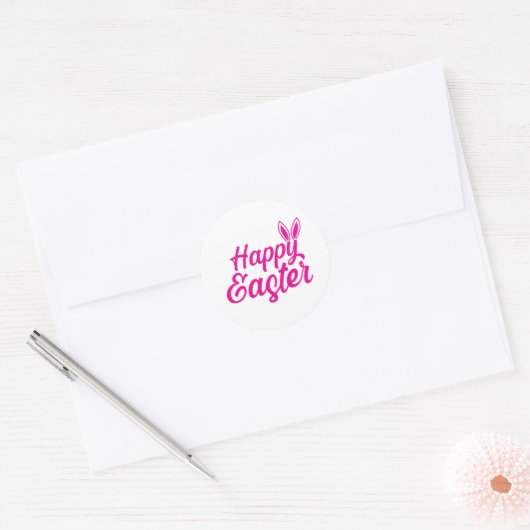 Happy Easter, Bunny Ears op roze tekst Ronde Sticker (Envelop)