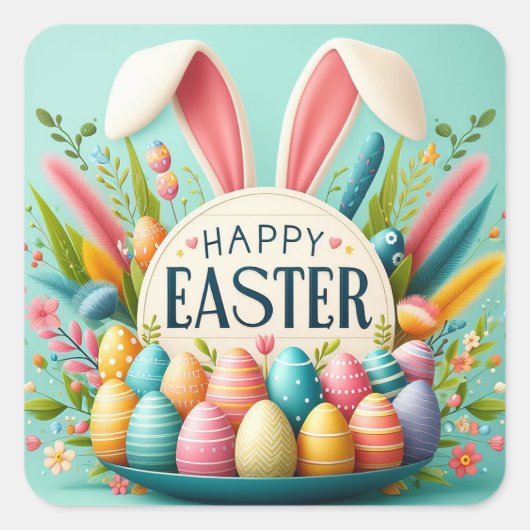 Happy Easter Bunny Ears Vierkante Sticker (Voorkant)