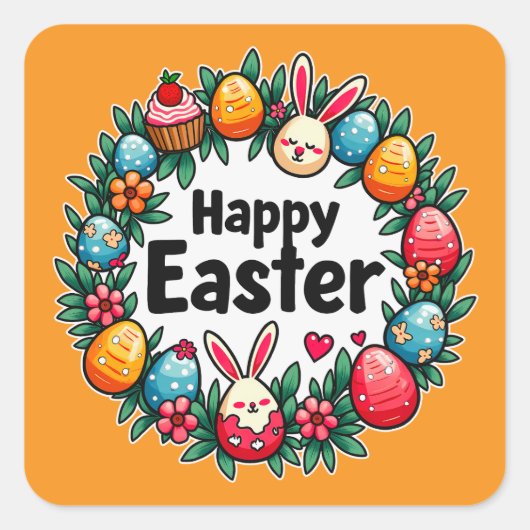 Happy Easter – Bunny & Eggs - Autocolante Vierkante Sticker (Voorkant)