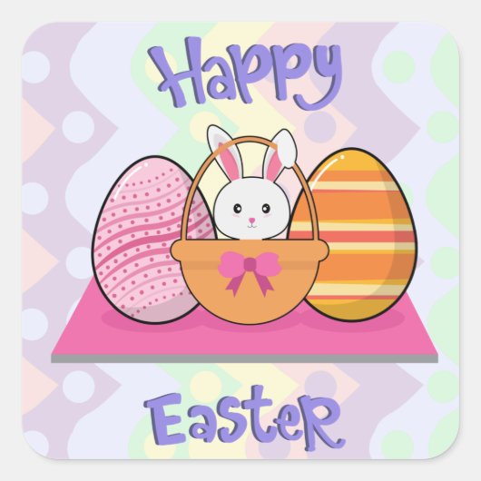 Happy Easter Bunny Eggs Basket Vierkante Sticker (Voorkant)
