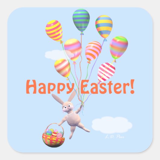 Happy Easter Bunny en Balloons Vierkante Sticker (Voorkant)