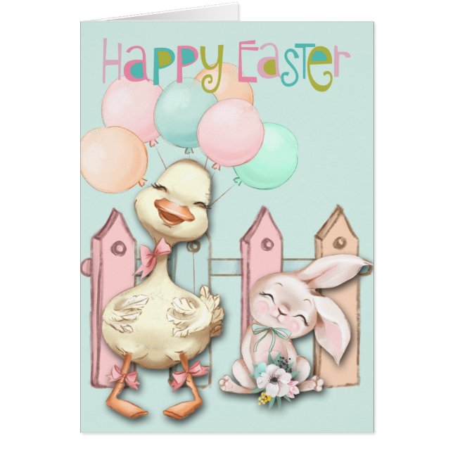 Happy Easter Bunny en Duck met Balloons (Voorkant)
