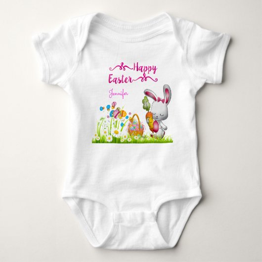 Happy Easter Bunny en Eggs Baby Girl op persoonlij Romper (Voorkant)