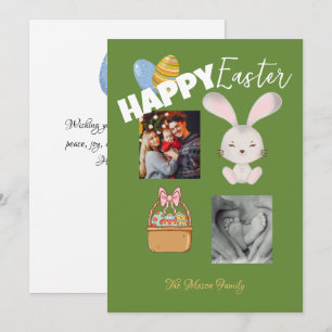 Happy Easter Bunny en Eggs Green Family Foto Feestdagenkaart