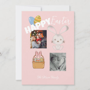 Happy Easter Bunny en Eggs Pink Familie Foto Feestdagenkaart