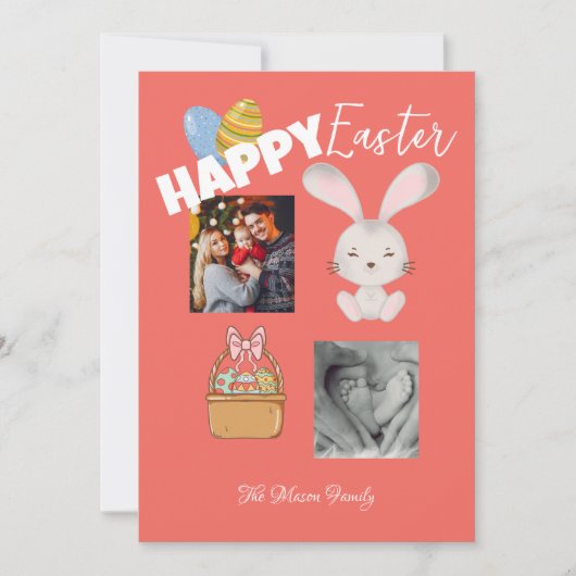 Happy Easter Bunny en Eggs Red Familie Foto Feestdagenkaart (Voorkant)