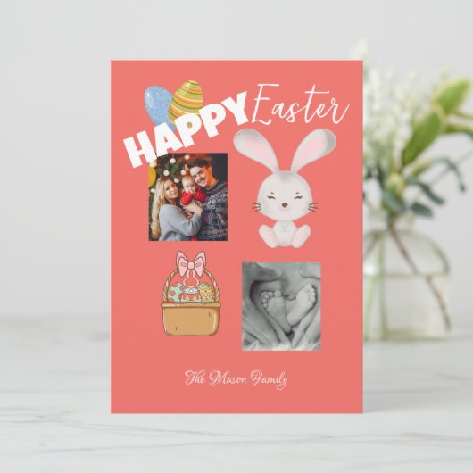 Happy Easter Bunny en Eggs Red Familie Foto Feestdagenkaart (Staand voorkant)