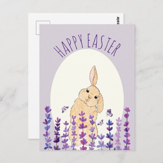 Happy Easter Bunny en Lavender Briefkaart (Voorkant / Achterkant)
