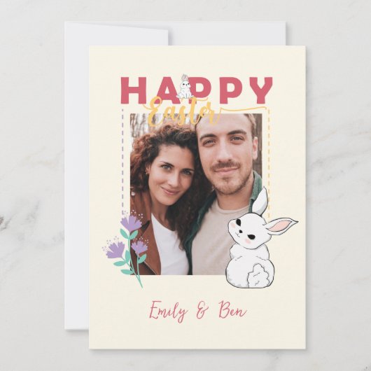 Happy Easter Bunny Flowers Photo Editable Feestdagenkaart (Voorkant)
