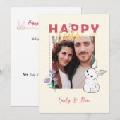 Happy Easter Bunny Flowers Photo Editable Feestdagenkaart (Voorkant / Achterkant)