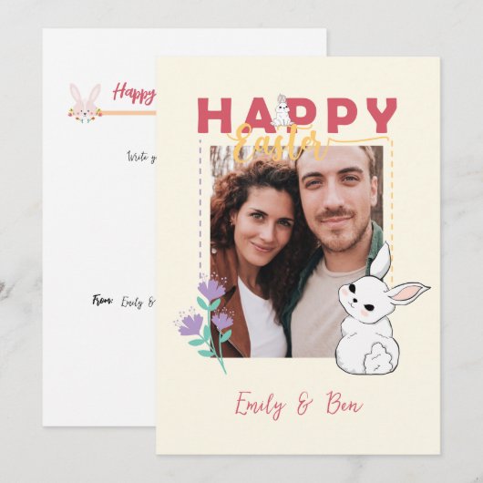 Happy Easter Bunny Flowers Photo Editable Feestdagenkaart (Voorkant / Achterkant)