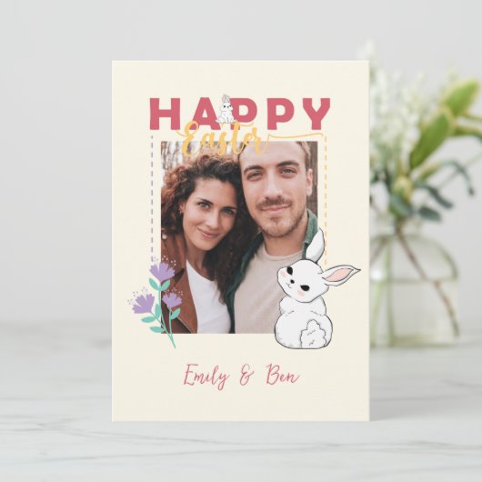 Happy Easter Bunny Flowers Photo Editable Feestdagenkaart (Staand voorkant)