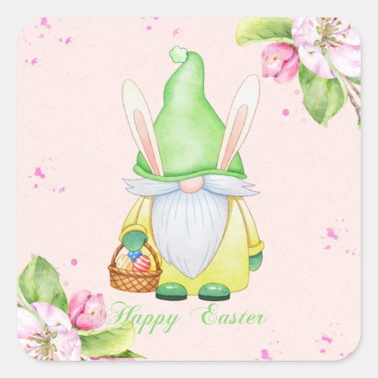 Happy Easter Bunny Gnome Vierkante Sticker (Voorkant)