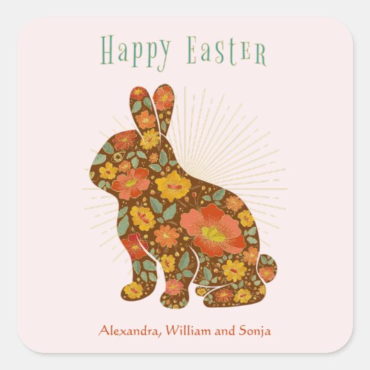 Happy Easter Bunny Gold Colorful, persoonlijk Vierkante Sticker (Voorkant)