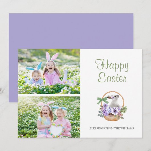 Happy Easter Bunny in Basket 2 Foto Feestdagenkaart (Voorkant / Achterkant)