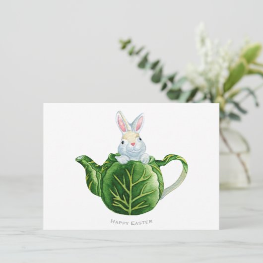Happy Easter Bunny Lettuce Teapot Feestdagenkaart (Staand voorkant)
