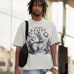 Happy Easter Bunny met Tulpen Retro Inkt T-shirt