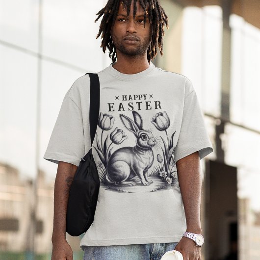  Happy Easter Bunny met Tulpen Retro Inkt T-shirt
