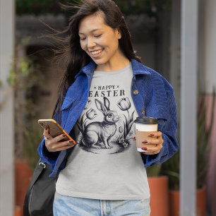 Happy Easter Bunny met Tulpen Retro Inkt T-shirt