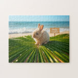 Happy Easter Bunny on Palm Branch on Beach Legpuzzel<br><div class="desc">Happy Easter from Florida! The design on this gorgeous tropical-themed jigsaw puzzle features a fluffy brown bunny sitting atop a large green palm leaf on a sandy beach. The soft blue hues of the ocean are in the background. The sign in the sand reads "Happy Easter." The jigsaw puzzle is...</div>