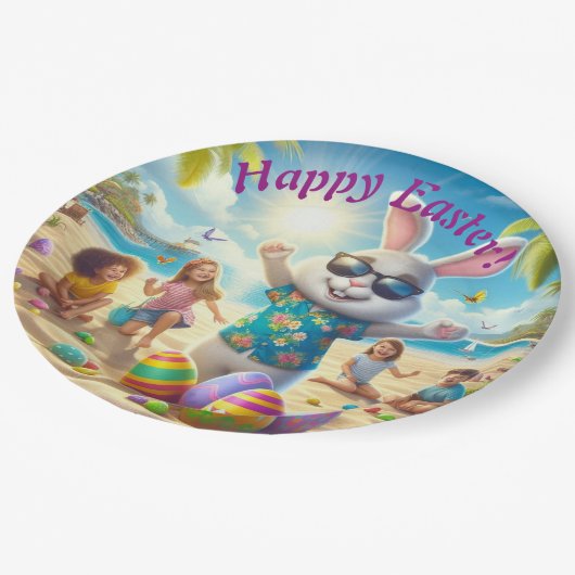 Happy Easter Bunny op het strand Papieren Bordje (Gekanteld)