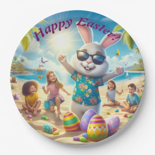 Happy Easter Bunny op het strand Papieren Bordje (Voorkant)