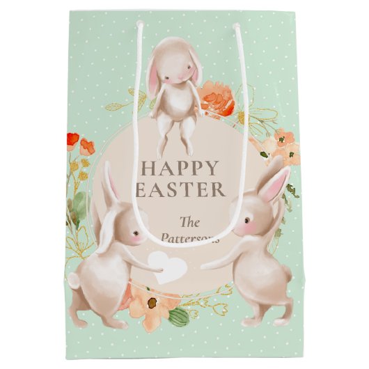 Happy Easter Bunny Rabbits Floral Medium Cadeauzakje (Achterkant)