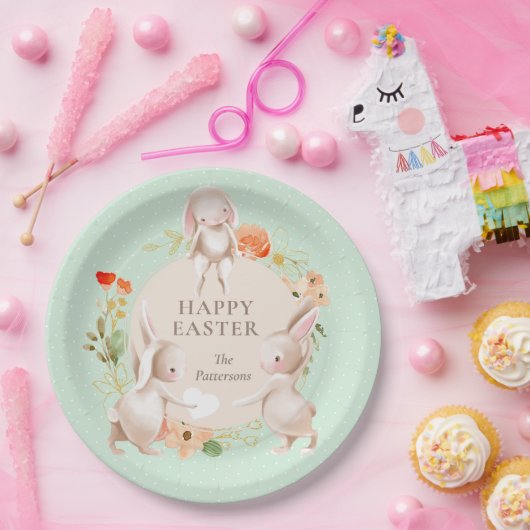 Happy Easter Bunny Rabbits Floral Papieren Bordje (Feest)