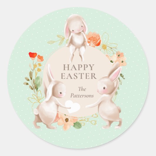 Happy Easter Bunny Rabbits Floral Ronde Sticker (Voorkant)