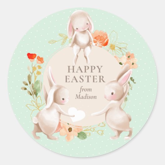 Happy Easter Bunny Rabbits Floral Ronde Sticker (Voorkant)