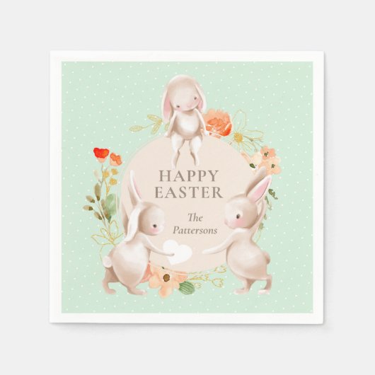 Happy Easter Bunny Rabbits Floral Servet (Voorkant)