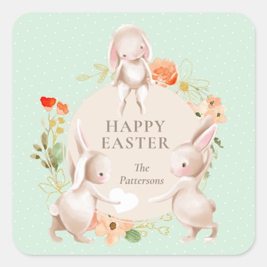 Happy Easter Bunny Rabbits Floral Vierkante Sticker (Voorkant)