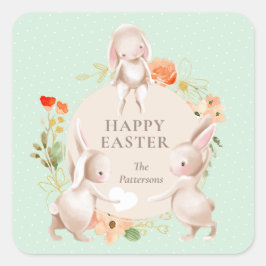 Happy Easter Bunny Rabbits Floral Vierkante Sticker