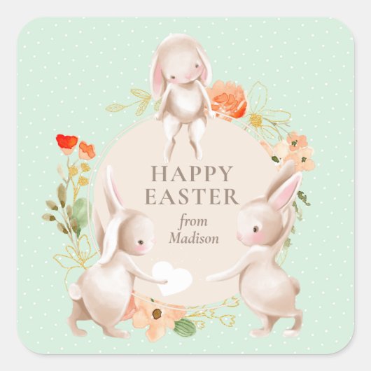 Happy Easter Bunny Rabbits Floral Vierkante Sticker (Voorkant)