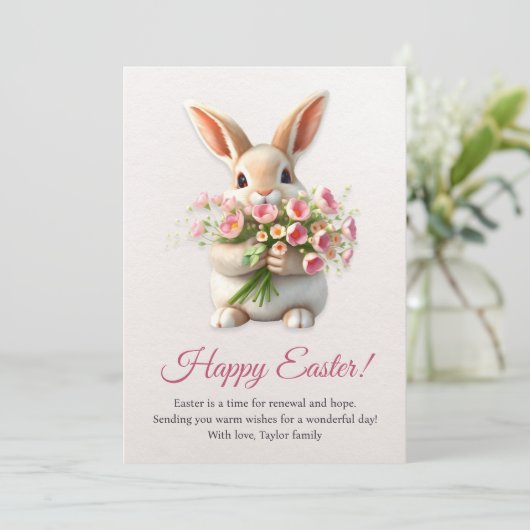 Happy Easter Bunny Schattige Spring Flower Pink Tu Feestdagenkaart (Staand voorkant)