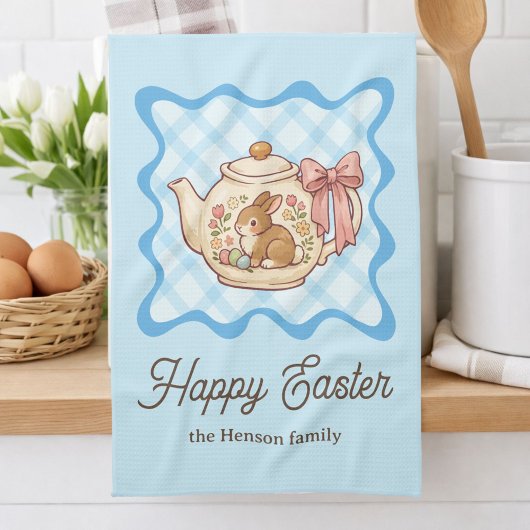 Happy Easter Bunny Teapot Gingham  Theedoek