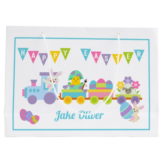 Happy Easter Bunny Train Blue Groot Cadeauzakje (Achterkant)