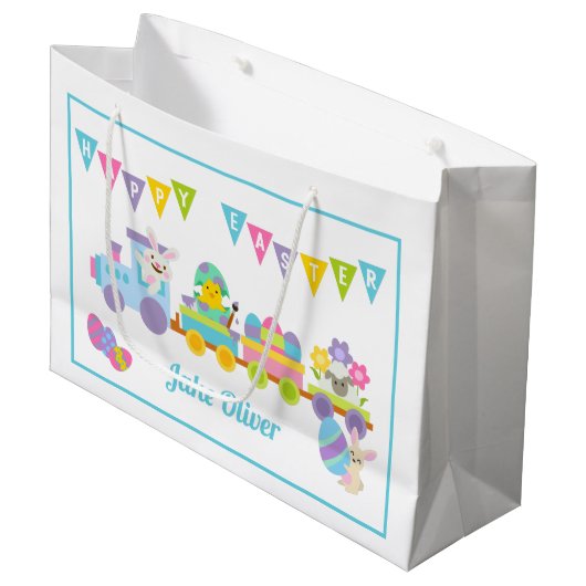 Happy Easter Bunny Train Blue Groot Cadeauzakje (Voorkant Gekanteld)