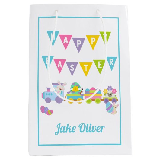 Happy Easter Bunny Train Blue Medium Cadeauzakje (Voorkant)