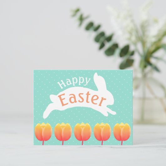 Happy Easter Bunny & Tulips Briefkaart (Staand voorkant)